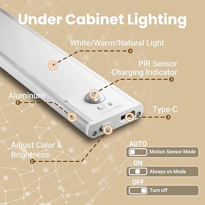 Under Cabinet Lights, Motion Sensor Magnetic LED Light, 8 inch 1000mAh Rechargeable Battery Dimmable Lights with 3 Color Temps, Indoor Wireless Lighting for Kitchen, Closet, Pantry, Counter, 2 Pack