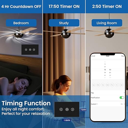 Smart Fan Switch Neutral Wire Required, 2.4GHz WiFi Dimmer Light Switch with Remote Voice Control, Tempered Glass Panel, Compatible with Alexa and Google Home, Black WiFi Fan