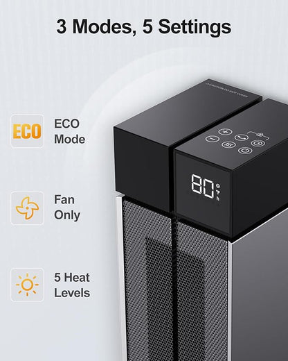 Electric Heaters for Indoor Use, 25” Space Heater Large Room with 120° Oscillation, 3 Heat Levels, 3 Modes, Multiple Safety Protections, 12H Timer, Silver Ceramic Tower Heater for Bedroom