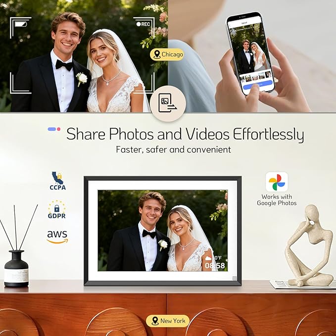 NexFoto 10.1” Digital Picture Frame 64GB, HD Touchscreen WiFi Electronic Photo Frame, Share Photos/Videos via APP/USB, Add Pics from Google Photos, Unboxing Gift Mode, for Christmas/Mom, Black