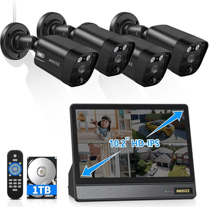 (All-in-One 10.1" IPS 8MP Monitor) 2-Way Audio PoE Outdoor Home Security Camera System Wired Outdoor Video Surveillance IP Cameras System