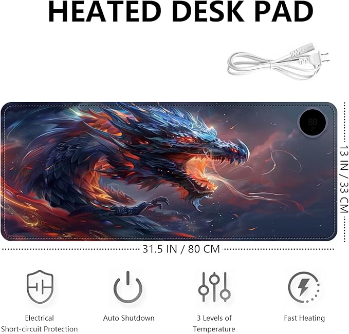 Heated Mouse Pad with 3 Levels Heated & 3 Hours Auto Shut-Off Mouse Pad for Warming Hands in Office Home, 31.5" x 13"Large Safe Desk Mat Hand Warmer，Watercolor Dragon