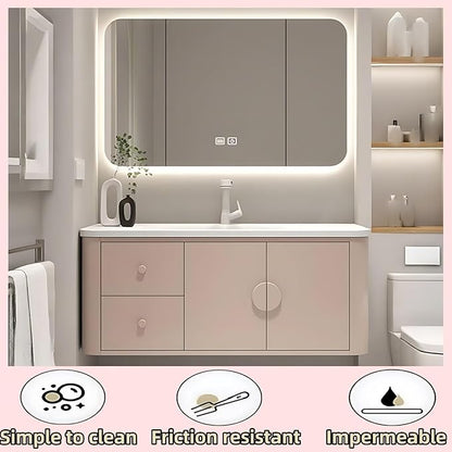 36IN Pink Modern Bathroom Vanity - Bathroom Vanities Set with 2 Drawers Wall Mounted | Rounded Corner Smart Defogging Mirror Cabinet with Lighting & Time Display, Side Opening Storage Shelf (Style A)