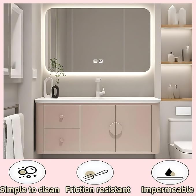 72IN Pink Modern Bathroom Vanity - Bathroom Vanities Set with 2 Drawers Wall Mounted | Rounded Corner Smart Defogging Mirror Cabinet with Lighting & Time Display, Side Opening Storage Shelf (Style B)