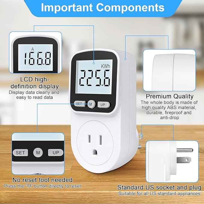 Upgraded Watt Meter Power Meter Plug Home Energy Monitor Electricity Usage Monitor, Electrical Usage Monitor, Energy Voltage Amps Meter Tester with Backlight, Overload Protection, 8 Display Modes
