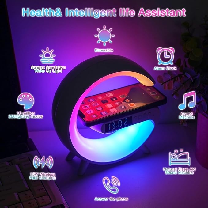 2026 New Smart Mini Table Lamp with Wireless Charger, Bluetooth Speaker Alarm Clock, Night Light for Bedroom Office Desk, Gifts for Kids Teens Chirstmas（Black）