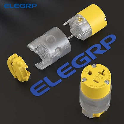 ELEGRP Lighted Straight Blade Electrical Plug and Connector Set 20 Amp 125 Volt NEMA 5-20P NEMA 5-20R 2 Pole 3 Wire Grounding, Commercial Grade, Yellow, 2 Set