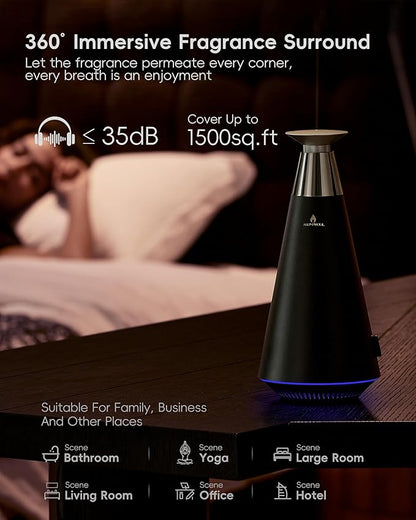 Waterless Scent Diffuser Starter Kit - 1500 Sq Ft Coverage, Alloy Atomization System,Mood Light,Smart Rechargeable Hotel Scent Diffuser, Including 120ml Essential Oil, for Home,Large Room,Spa,Black