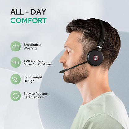 Yealink WH62 Dual UC DECT Wireless Headset, 525 ft Long Range, Work Headphones with Base, 2X Noise Canceling Mic for IP Phone and Computer, Office Headsets Call Control, Ringer,14H Talk Time