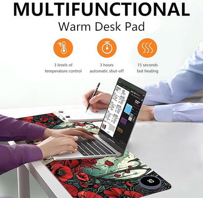 Heated Mouse Pad with 3 Levels Heated & 3 Hours Auto Shut-Off Mouse Pad for Warming Hands in Office Home, 31.5" x 13"Large Safe Desk Mat Hand Warmer，Girl White Fox