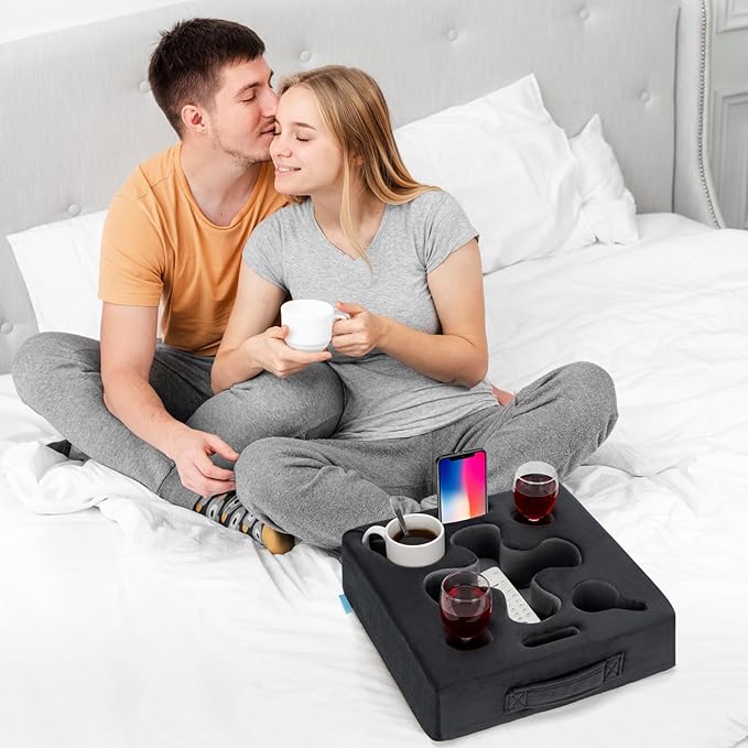 Couch Cup Holder-Sofa Cup Holder Pillow Tray Caddy Cupholder Hearted for Bed, Rv, Tv, Car, Man Cave, Backseat for Remote, Drinks, Snacks (DarkGrey)