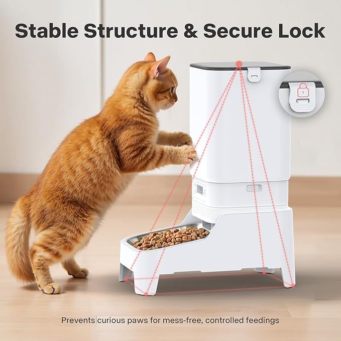 Automatic Cat Feeder, Elevated Automatic Dog Feeder, 7L Cat Food Dispenser, No-Jam, Up to 6 Meals for 2-15 mm Dry Food, Stainless Steel Bowl, No Spinal Pressure, Easy to Clean
