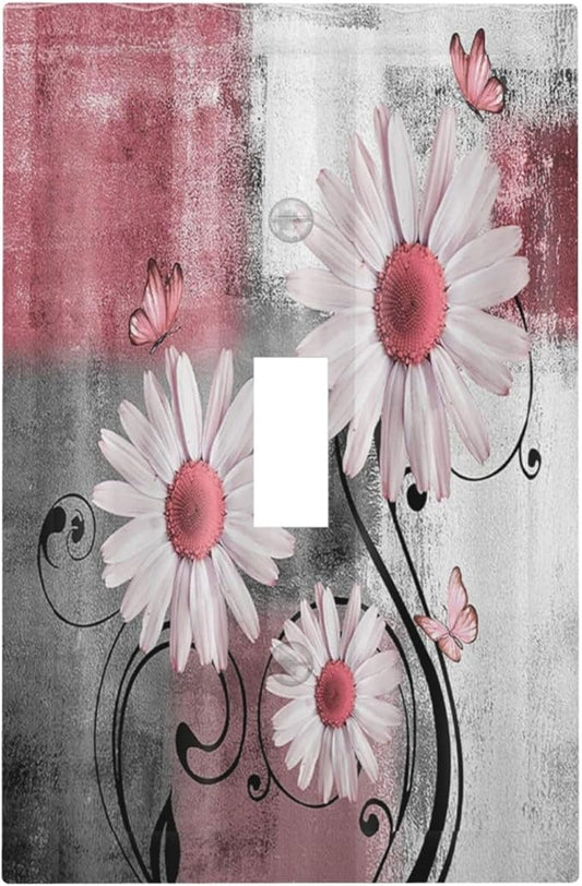 Decorative Light Switch Cover Pink Floral Rustic Daisy Flower And Butterfly 1 Gang Single Toggle Decorator Outlet Wall Plate Device Electrical Faceplate Switchplates for Farmhouse Cabin Decor