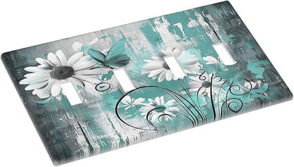 Light Switch Covers Teal Daisy Floral Vintage Wood Plank Quad Toggle Electrical Faceplate 4 Gang Wall Plate Decorative Switch Plates For Farmhouse Cabin Decor