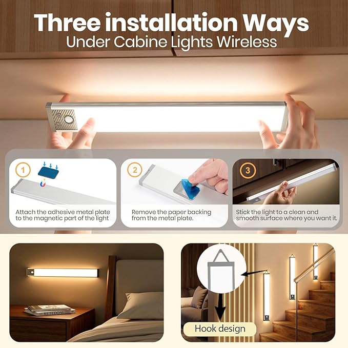 Under Cabinet Lighting 13.5Inch, 3200mAh Under Cabinet Lights Motion Sensor 3 Color, Rechargeable 118LED Magnetic Light Bar Indoor,Wireless Battery Operated Closet Lights for Kitchen Home Stairs,2Pack