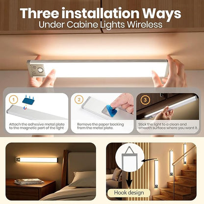 Under Cabinet Lighting 13.5Inch, 3200mAh Under Cabinet Lights Motion Sensor 3 Color, Rechargeable 118LED Magnetic Light Bar Indoor,Wireless Battery Operated Closet Lights for Kitchen Home Stairs,2Pack