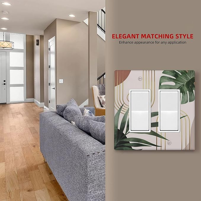 Decorative Outlet Covers Boho Mid Century Arch Green Leaves 2 Gang Light Switch Cover Plate Double Rocker Wall Plate Switch Plate Covers Faceplate for Bedroom Home Decor（ 2 Pack）