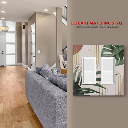 Decorative Outlet Covers Boho Mid Century Arch Green Leaves 2 Gang Light Switch Cover Plate Double Rocker Wall Plate Switch Plate Covers Faceplate for Bedroom Home Decor（ 2 Pack）