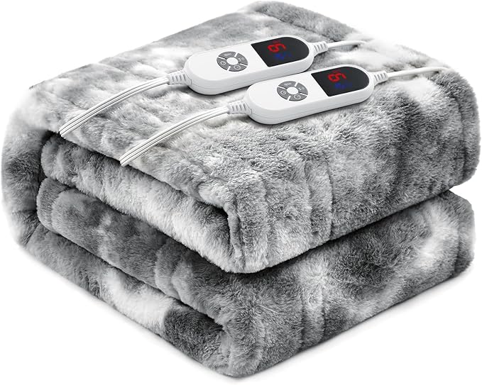 Electric Heated Blanket 84"x90",Luxury Grey Faux Fur Electric Queen Blanket,Fast Heating Soft Fluffy Thick Electric Blanket with 6 Heating Levels & 12H Auto Off