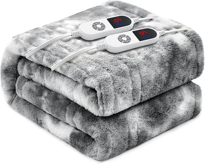 Electric Heated Blanket 84"x90",Luxury Grey Faux Fur Electric Queen Blanket,Fast Heating Soft Fluffy Thick Electric Blanket with 6 Heating Levels & 12H Auto Off