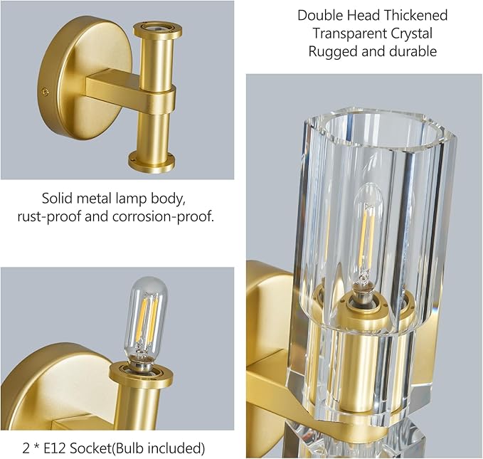 Modern Gold Wall Sconces Set of Two Bedroom Crystal Wall Sconces Indoor Sconces Wall Lighting Living Room Sconces with K9 Crystal Lampshade for Bathroom Hallway Entryway Stairway