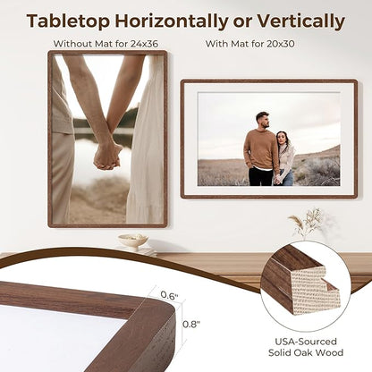 24x36 Poster Frame for Wall, 24 by 36 Picture Frame - Solid Oak Wood & Tempered Glass, Rustic 24 x 36 Wood Frame for Home Decor, 23x36 Picture Frame with Mat for 20x30, Walnut Color, 1 Pack