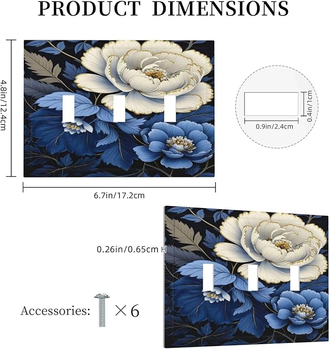 Blue White Flowers Light Switch Covers 3 Gang Triple Toggle Wall Plate Decorative Switchplate Electrical Faceplate for Farmhouse Living Decor