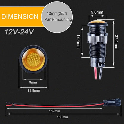 5pcs 10mm LED Indicator Light Plastic Black Signal Dot Lamp 12V-24V 2/5" Mounting Hole Size with 15cm/5.9in. Wire (Yellow LED)