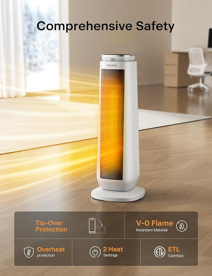 PELONIS 23” Oscillating Ceramic Tower Space Heater with Remote & Thermostat, Electric Energy Efficient Floor Heater for Indoor Use Large Room Safe with Timer, ECO Mode, 1500W, White