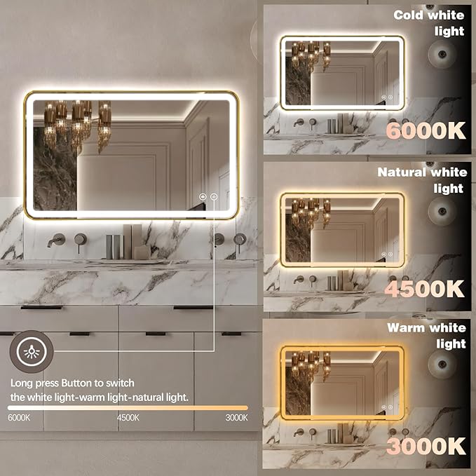 40"x24" Lighted Vanity Mirror with Lights, Gold Metal Frame Led Mirror for Bathroom, Anti-Fog Wall Mirror with Front and Backlit, Shatterproof, 3 Colors Stepless Dimmable, Horizontal/Vertical
