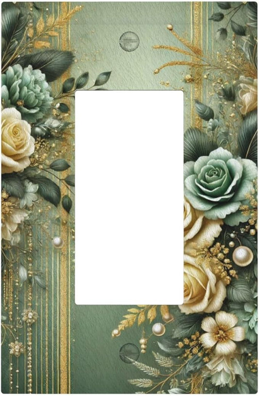 Decorative Outlet Covers Rustic Green Floral Leaves Teal Flowers Gold Stripe 1 Gang Single Decora GFCI Device Light Switch Covers Plate 1 Rocker Wall Plate Jumbo Faceplate