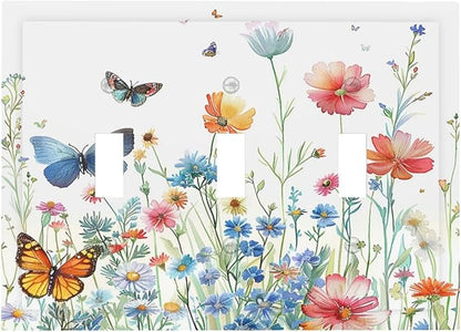 Decorative Light Switch Cover Plate Rustic Wildflower Blue Pink Floral Butterfly 3 Gang Wall Plates for Electrical Outlets Triple Toggle Switch Plate Covers Outlet Covers for Home Decor