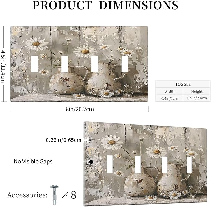 Light Switch Covers Vintage Rustic Floral White Daisy Flower Oil Painting Style Quad Toggle Electrical Faceplate 4 Gang Wall Plate Decorative Switch Plates for Home Farmhouse Decor