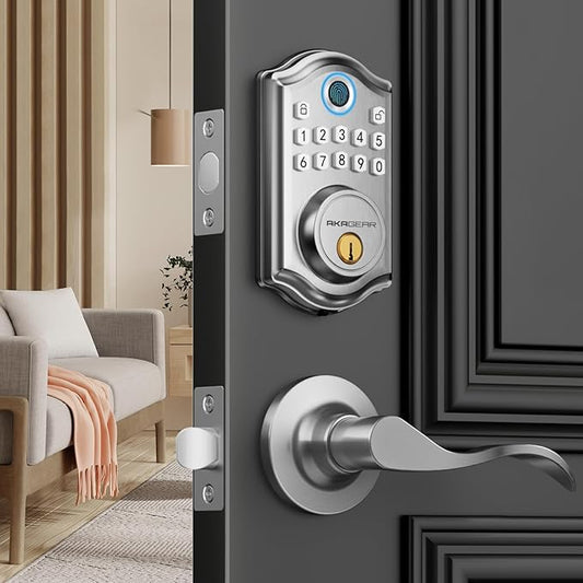 DS10 Keyless Entry Door Lock with 2 Lever Handle, Fingerprint, Keypad Code, 2 Keys, Smart Locks for Front Door, Bedroom, One-time Code, Auto-Lock, Easy Installation - Satin Nickel