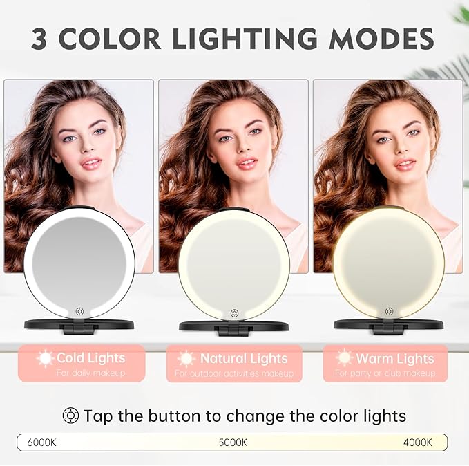 FUNTOUCH Travel Mirror with Light, 1X/10X Rechargeable Makeup Mirror with Magnifying, 7'' Double Sided 3 Color Lighting Modes for Travel Essential, Portable Vanity Mirror, Black