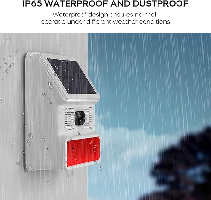 PGST Solar Alarm Motion Detector,Outdoor Security Siren Sensor with Flashing Light,IP65 Waterproof,Remote Control,21 Sound Switching Options,120dB Loud Noise Maker for Farm,Yard,Garden,Fish Pond