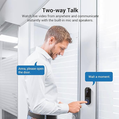 1080p Wireless Video Doorbell Camera, Live View, Night Vision, Two Way Audio, Cloud Storage, AI Motion Detection, Indoor/Outdoor Surveillance, Battery Powered, 2.4G WiFi Only