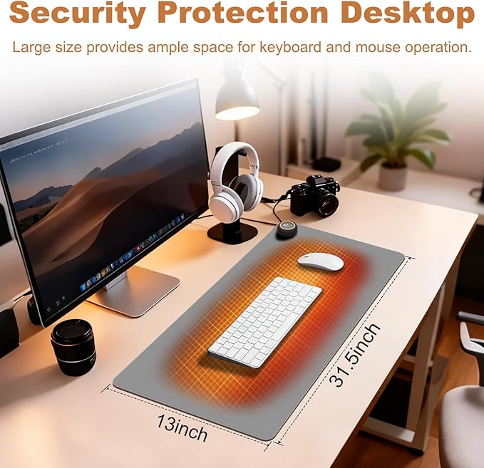 Heated Desk Pad,Heated Mouse Pad 5 Heating Levels & 3 Hours Auto Shut-Off Waterproof PU,Heated Desk Mat – 31.5 x 13 inch for Office,Gaming,Foot Warmer(Grey)