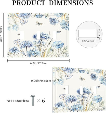 Decorative Switch Plates Blue Floral Hydrangea Plants 3 Gang Wall Plate Faceplate Triple Toggle Light Switch Cover Electrical Wall Panels for Bedroom Home Decor