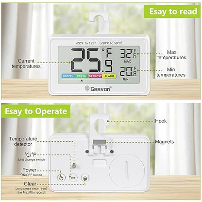 Geevon Digital Refrigerator Thermometer,IP65 Waterproof Fridge and Freeze Thermometer with Magnetic Back Large LCD,Max/Min Record Function for Home,Commercial (White-1Pack)