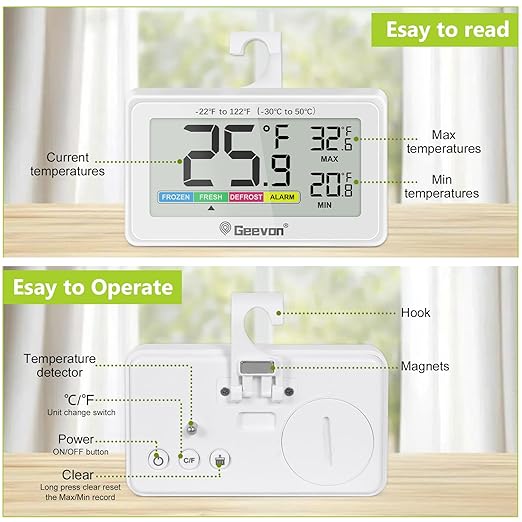 Geevon Digital Refrigerator Thermometer 4 Pack, IP65 Waterproof Fridge and Freeze Thermometer with Magnetic Back Large LCD，Max/Min Record Function for Home,Commercial