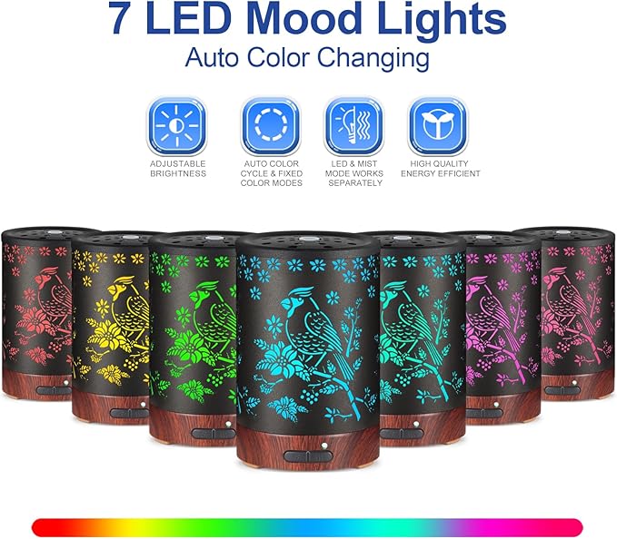 Essential Oil Diffuser- Aromatherapy Diffuser with7 Colors Light and Auto-Off for Women Metal Cool Mist Humidifier for Home and Office for Mom Women（Cardinal）