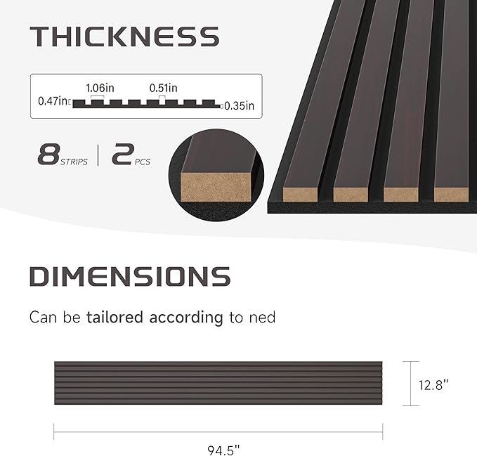 Wood Slat Wall Panels, 2 Pack 8 x 1 ft Decorative Wood Panels for Wall,Stylish Wall Panels for Interior Wall Decor, Modern Acoustic Wood Wall Panels with Felt Backing, Black-Brown Oak
