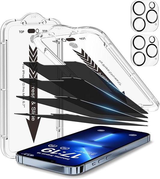 EZ-GLAZ-4+2 Pack for iPhone 13 Pro Max Privacy Screen Protector[6.7 inches] With Camera Lens Protector, [Drop Protection] 9H Hardness Full Coverage Anti-Spy Tempered Glass Film, Easy to install
