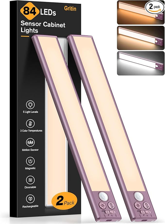 Gritin 10.2inch Under Cabinet Lighting Rechargeable -84 LED Super Bright,3-Color& 5 Level Brightness,4 Modes,Motion Sensor, Long Lasting- Easy Installation Magnetic Closet Lights -2 Pack-Mauve