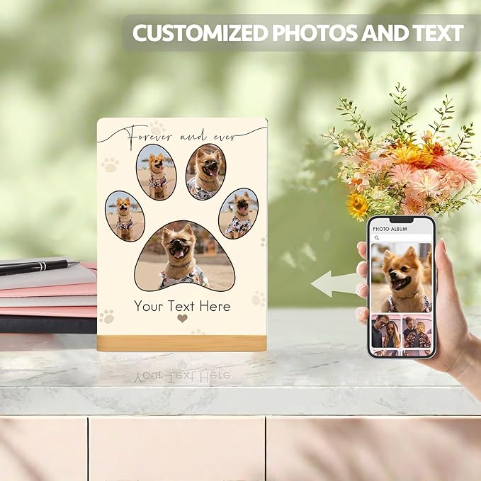 Custom Photo Prints - Metal Desktop Picture Frame with Photos & Text & Wooden Base Personalized Gifts for Cats Dogs and Pets, Optional Multiple Sizes