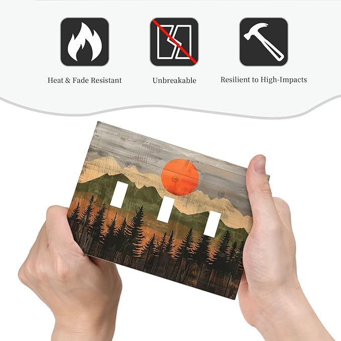 Decorative Switch Plates Vintage Wood Grain Sun Forest Mountains 3 Gang Wall Plate Triple Toggle Light Switch Cover Faceplate Electrical Wall Panels for Farmhouse Cabin Decor