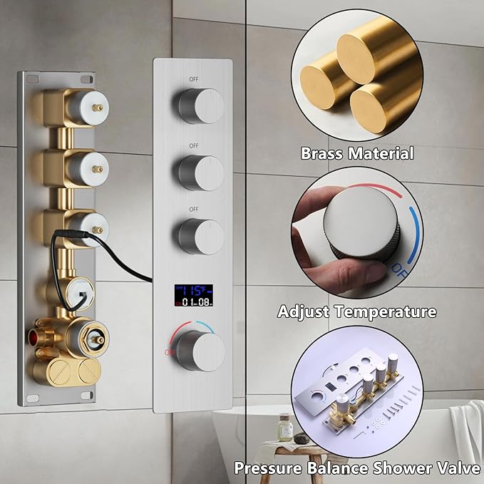 Triple Function Shower Diverter Digital Display Shower Mixer Valve Kit Replacement Temperature Control Valve with Individual On Off Flow Control Shower Valve, Brushed Nickel