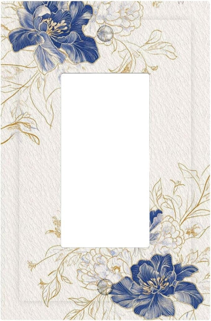 Decorative Outlet Covers Rustic Blue Flower Floral Gold Leaf 1 Gang Rocker Light Switch Cover Plate Single Wall Plates for Electrical Outlets Switch Plate Covers Faceplate for Home Decor