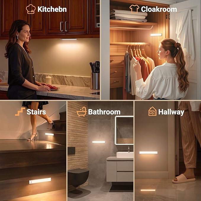 Under Cabinet Lights, Motion Sensor Magnetic LED Light, 8 inch 1000mAh Rechargeable Battery Dimmable Lights with 3 Color Temps, Indoor Wireless Lighting for Kitchen, Closet, Pantry, Counter, 2 Pack